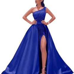 One Shoulder Sequin  Long Satin Sparkly Ball Gown with Slit