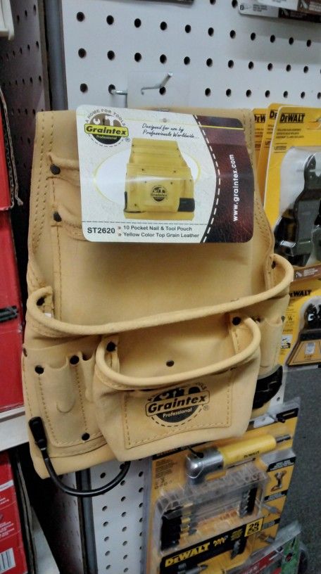 GRAINTEX PROFESSIONAL 10 POCKET NAIL & TOOL POUCH YELLOW COLOR TOP GRAIN LEATHER