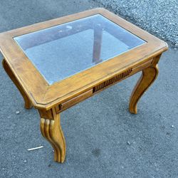 Solid Oak End Table Glass Top