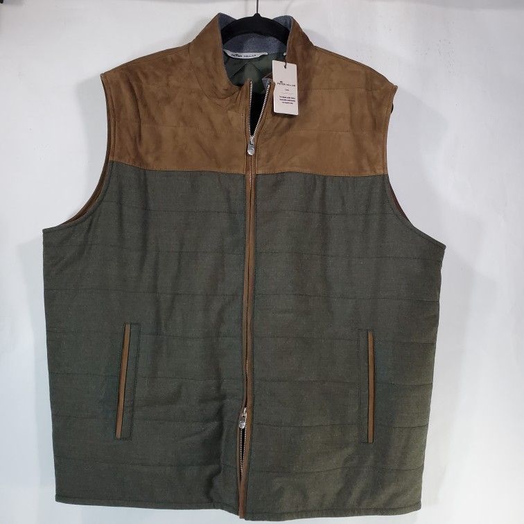Peter Millar Men's XL Vest Quilted Green Wool Goat Suede 2 Way Zip Pocket