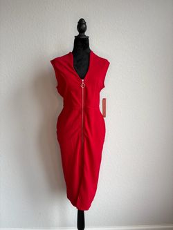 Red Bodycon Midi Dress with Front Zipper