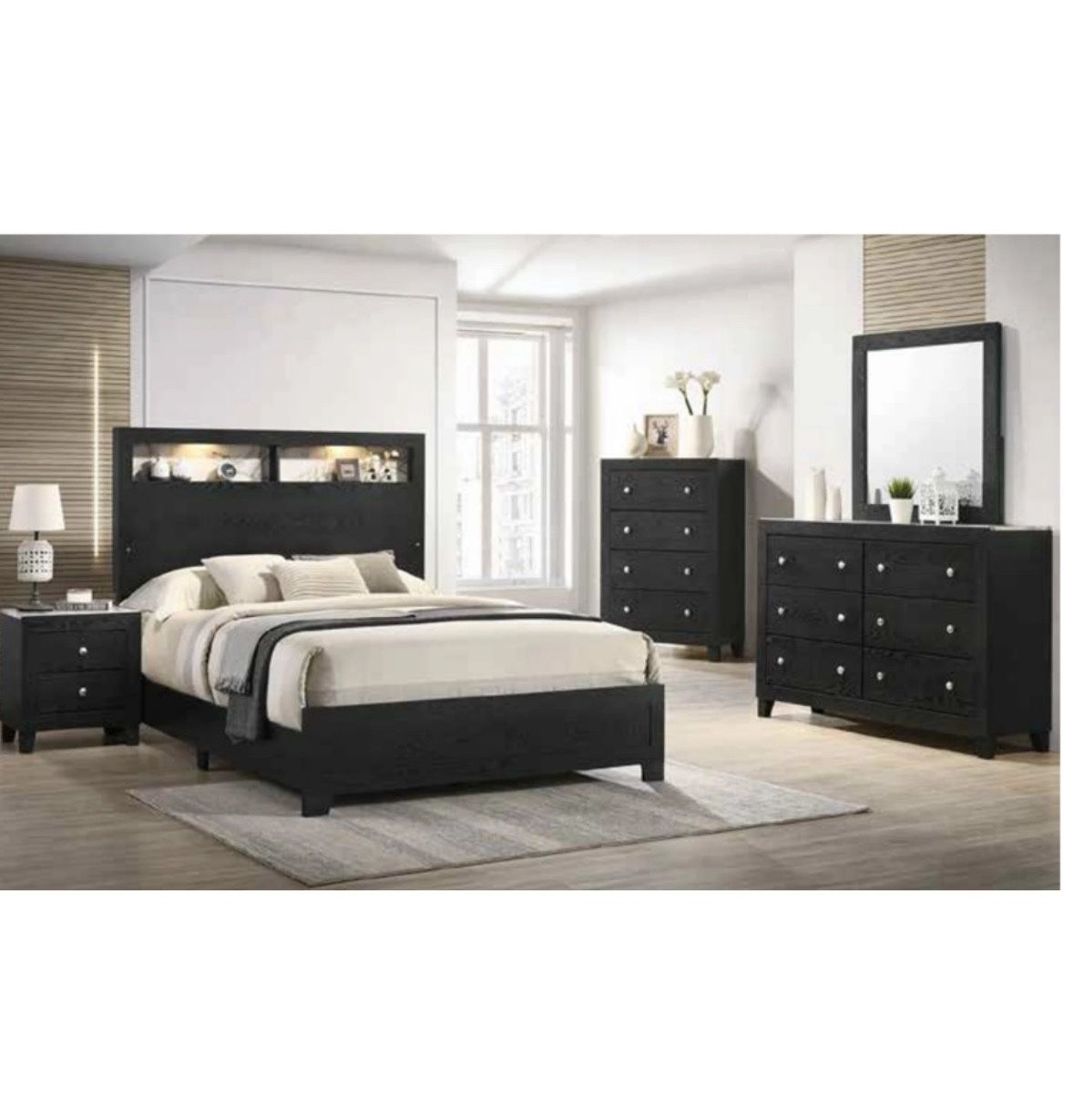 4- Pc Bedroom set Dresser,Mirror Nightstand (1) Queen size bed frame Not including Mattress and Box Sp