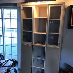 MEDIA/BOOK STORAGE CASE, w/GLASS-DOOR, DISPLAY SHELVES + ATTACHED DISPLAY LIGHT - $50/ OBO