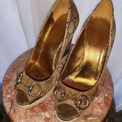 Gucci Signature Peep Toe Wedge Heels, Size 36