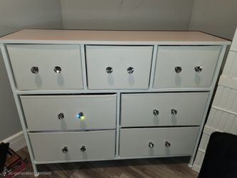 White 7-Drawer Fabric Dresser with Crystal Knobs