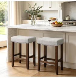 CHUN YI Bar Stools Set of 2, 26" Counter Height Saddle Stools, Rubberwood Legs, Upholstered Linen Backless Barstools with Nailhead Trim for Kitchen Is