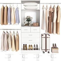 L110 48" W - 96” W Closet Organizer, 8FT Walk in Closet Systems Starter Kit with 25” Tower and 3 Extendable Hanging Rods, Sturdy Wood Garment Ra
