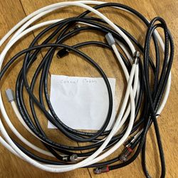 DOZENS OF AUDIO/VISIAL CABLES, CEILING BRACKET,  HEAD/EAR PHONES: