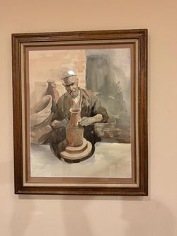 Framed Watercolor Painting of a Potter