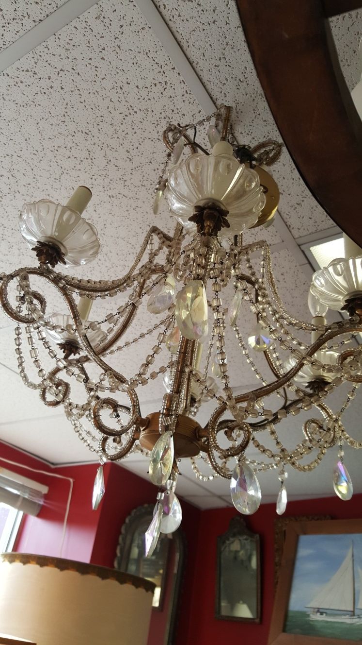Vintage pretty brass with crystals chandelier hanging light fixture