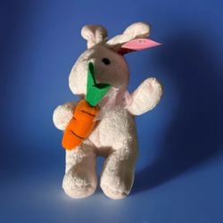 Vintage Pink Easter Bunny Rabbit carrying his Carrot Plastic Eyes 9” Tall Plush NWT