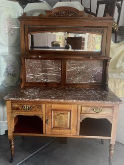 Antique  Victorian Washstand Marble Top Walnut Wood Circa 1890s 