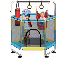60" Toddler Trampoline for Kids with Net, 6-in-1 Indoor/Outdoor Trampoline Anti-Tilt Frame & Thick Padded Spring Cover,Easy Assembly, Safe Enclosed Bo