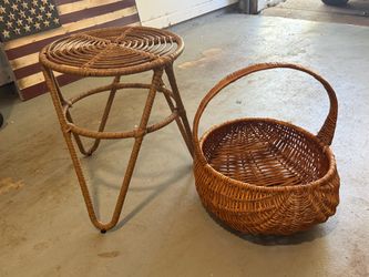 Vintage Rattan Wicker Plant Stand & Large Handwoven Basket
