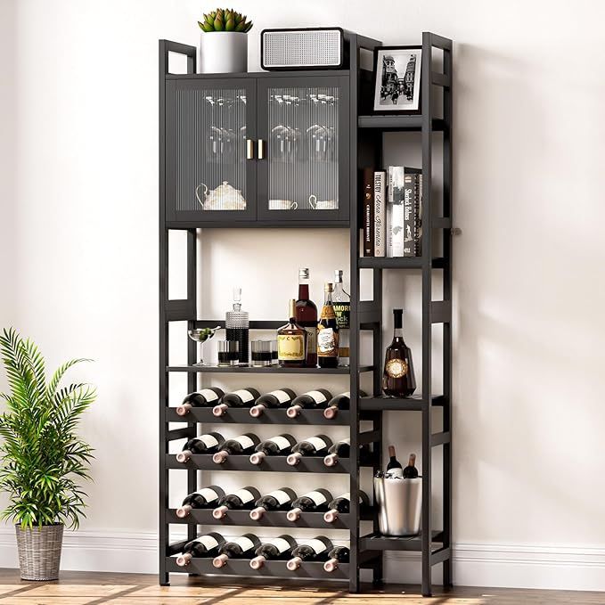 Wine Rack Freestanding Floor 12+ wine glasses 20 bottles of red wine 4 rows of wine glass racks 4 tiered wine racks