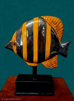 mid-century modern Ceramic black and gold striped fish sculpture on a stand 14"