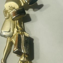 Lady Shopper Gold Tone Lady With Bags, With  Small Animal Trying To Get Her Attention Cute Brooch Pin 3 Inches Tall