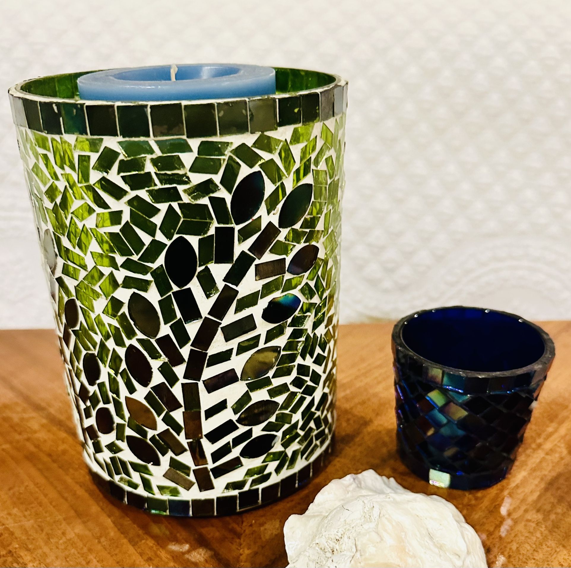 Very Pretty Mosaic Blue & Green Candleholder, Blue Pillar Candle, Blue Mosaic Votive & 3 Large Shells