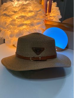 Tan/Brown Straw Bucket Hat Wide Brim w/ Brown Leather Band & Buckle