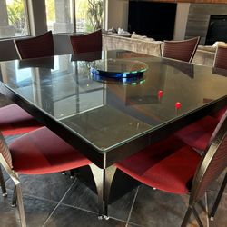 Modern Custom Glass Dining Table w/ Lazy Susan + 8 chairs