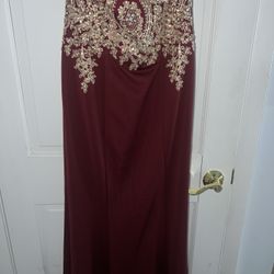 Formal Maroon Dress With Gold Design 