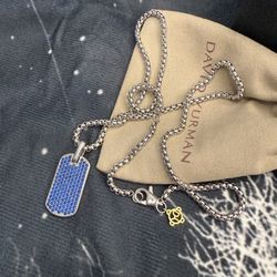 David Yurman Pave Tag Necklace Dog Tag 925 Silver Blue with 21in Chain