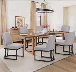 Set Of 6 JOVONE 33.1 in. Tall Light Gray and Black Dining Chair Fabric Curved Backrest Kitchen Chair with Metal Legs