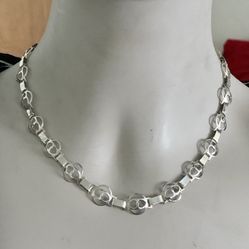 Vintage Signed Mexico MP-134 925 Mex Sterling Silver Link Necklace Heart Cut Outs 16”  & 10.73 mm Weight 11.56Gram