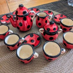 17 Piece ladybug Mexican  Art Pottery Mini Tea Set Hand Painted


