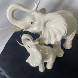 Good Luck White Elephant Mother & Baby Trunk Up Ceramic Statue 