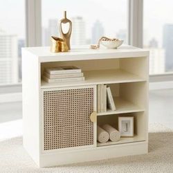 Modern Wood Accent Cabinet with Sliding Door - White Rattan