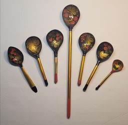 Russian Khokhloma Hand-Painted Wooden Spoons Set of 7