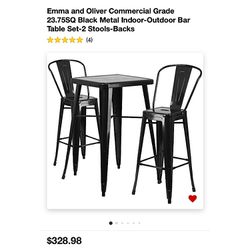 $40 Table/$30 Bar Chairs Or $70 Set: Mid- Modern Emma and Oliver Black Metal Indoor-Outdoor Bar Table Set. Final Price! Can Be Sold Separately!