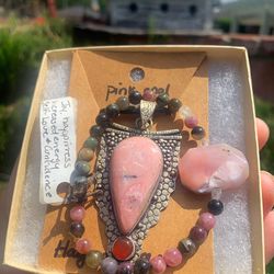 Watermelon Tourmaline And Pink Opal Bracelet And Necklace Set