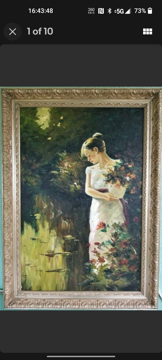 Large Oil Painting Beautiful Woman With Flowers in White Dress Young Girl