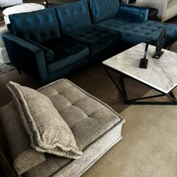 Teal Velvet Sectional Modular Chair And Marble Coffee Table