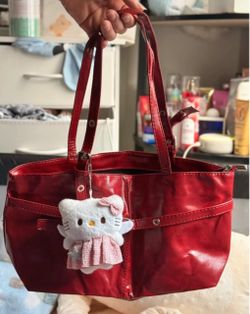 Red Glossy Tote Bag with Hello Kitty Charm