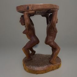 Vintage African Hand Carved Wooden Stool Tribal Figurative Art Table 20”