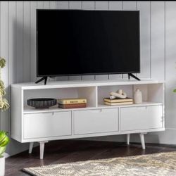 New Solid Wood White Mid-Century TV Stand Entertainment Center