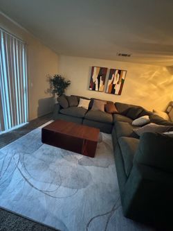 Modular L-Shaped Sectional, rug and coffee table set living spaces living room bundle