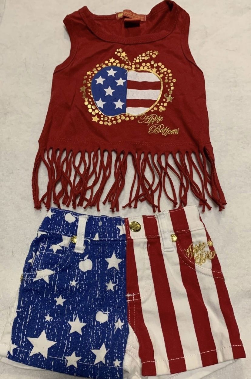 Apple Bottoms Toddler Girl 12 Month Fourth 4th Of July Patriotic Fringed tank top & Shorts Outfit