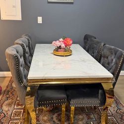 Luxury Dining Table Set (Marble Top + Gold Base + 4 Velvet Chairs)