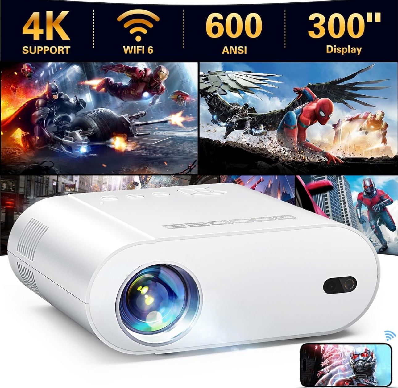 4K Projector, GooDee Projector with WiFi and Bluetooth, Mini Projector with Auto Keystone and Remote Focus, Native 1080P Home Theater Movie Projector