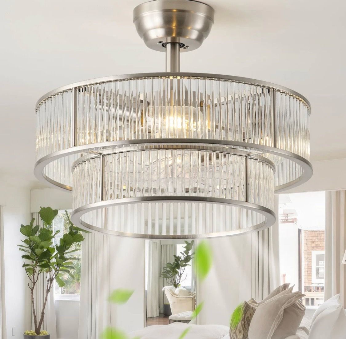 New Lights, 20" Chrome Caged Crystal Chandelier Ceiling Fan Remote Control,Fandelier Reversible