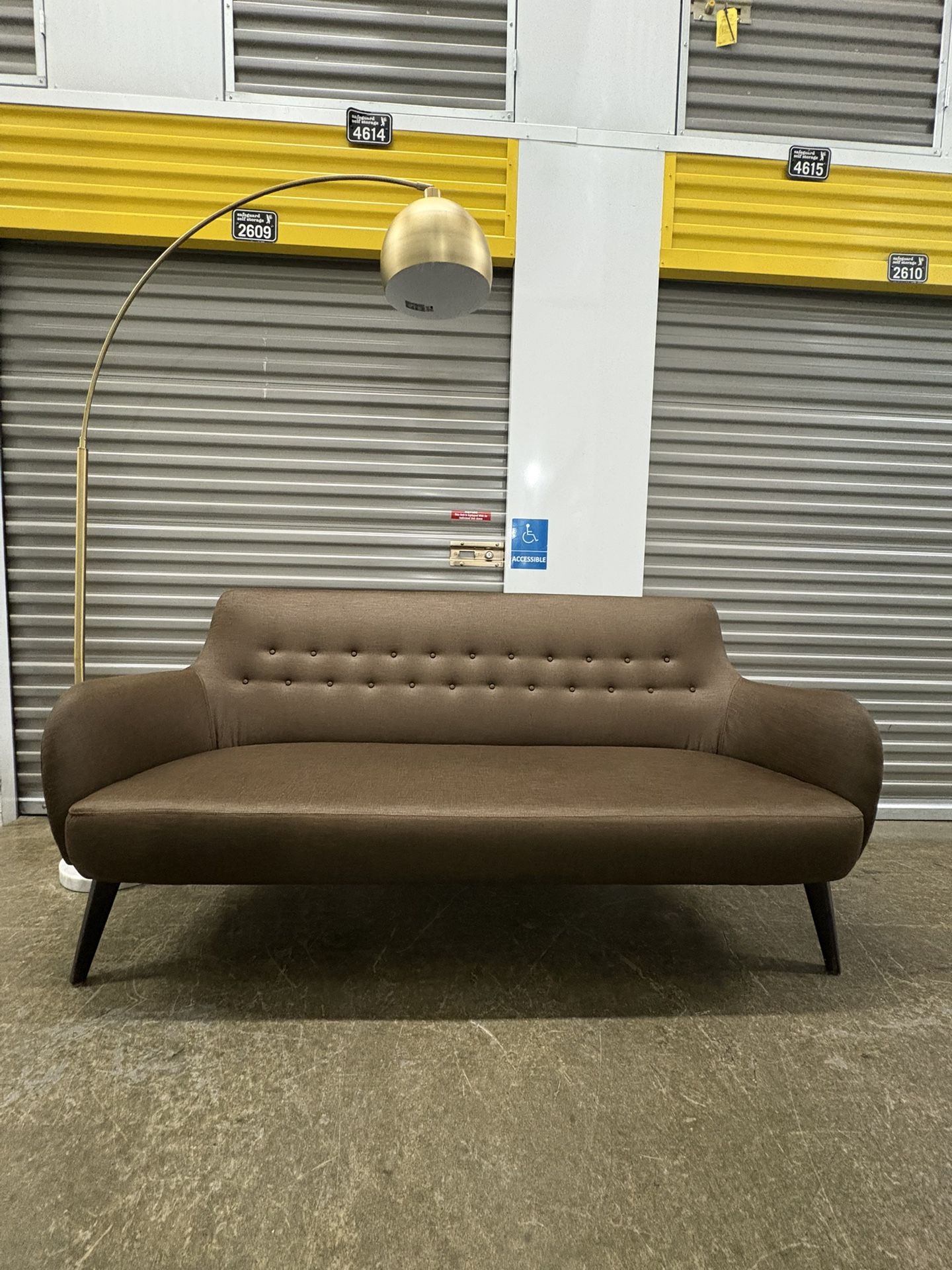 Midcentury Modern Minimalist Brown Fabric Sectional Sofa Couch