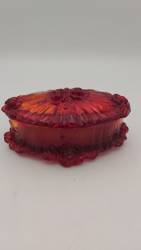 Beautiful Vintage Fenton Cabbage Rose Ruby Red Glass Trinket Box (Cadmium Reacts To Blacklight)
