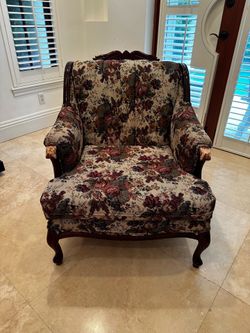 Victorian armchair with rare flower pattern upholstery and cherry wood frame