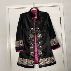 Dragon Silk Hangzhou China Embroidered Asian Artsy Jacket Coat Silk Blk Hot Pink. XL