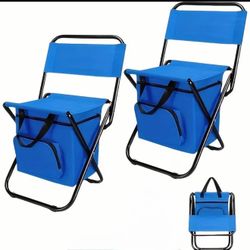 New Set of 2 Blue Portable Heavy Duty chairs with ice cooler and storage underneath each chair