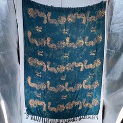 Asian Dragon Print Scarf Wrap Teal Gold Fringe Chinese Symbol 44x60 Boho Shawl